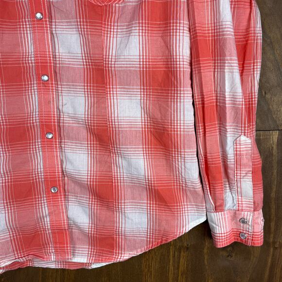 Wrangler Womens Shirt Orange White Plaid Pearl Snap Button Down Small - Picture 5 of 13